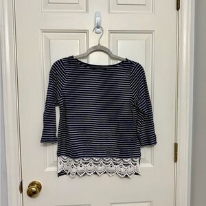 St. John's Bay Navy and White Striped Blouse with Lace Trim